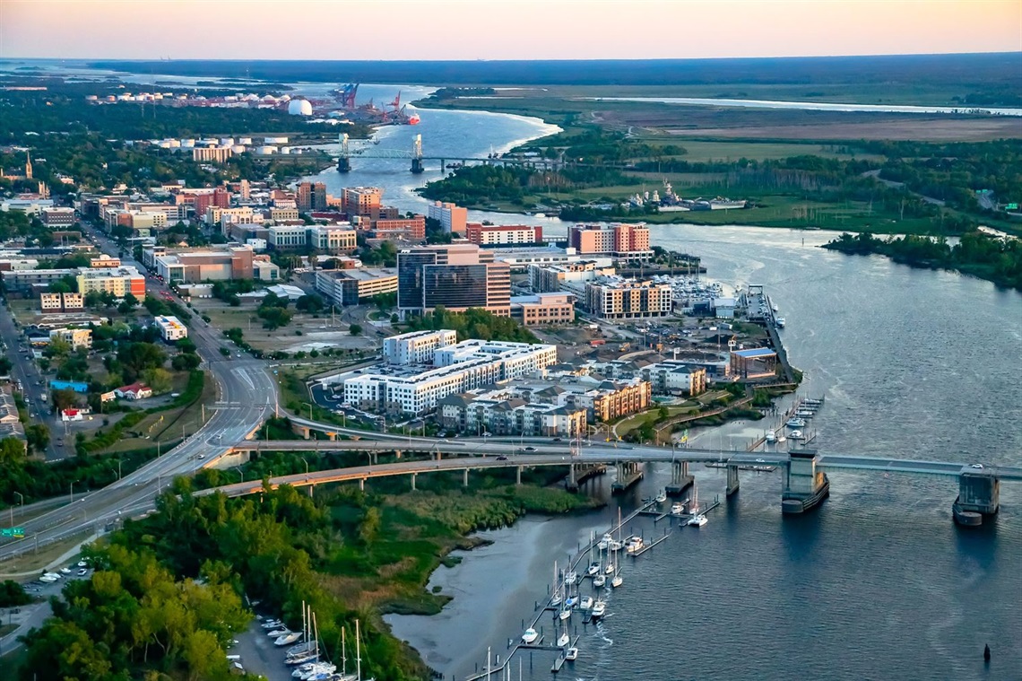 An aerial photograph of downtown Wilmington from 2021